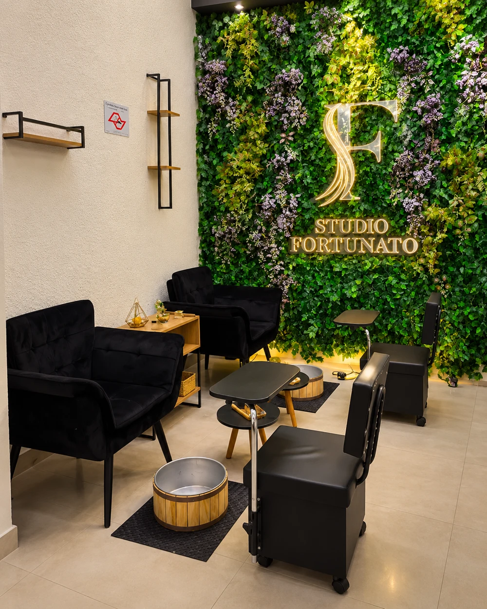Espaço de espera com jardim e logo do Studio
